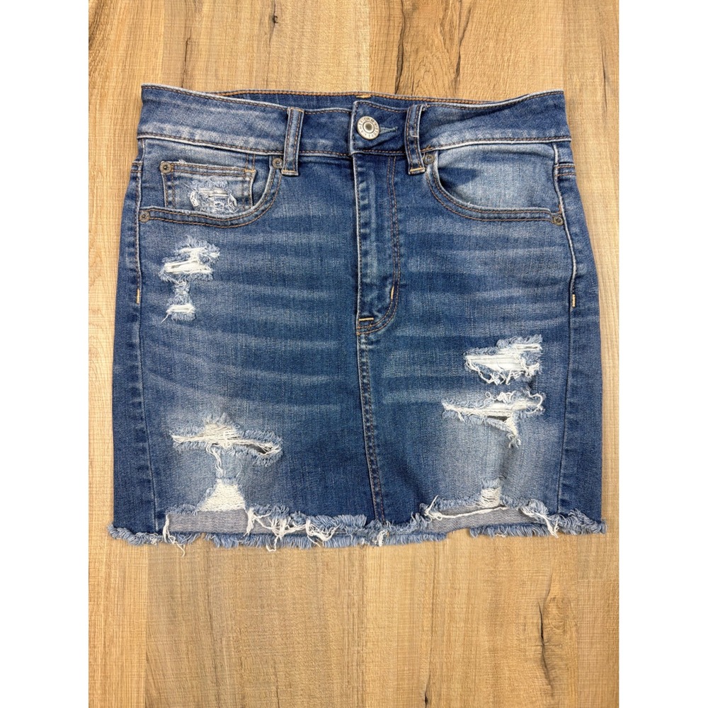 American Eagle Hi-Rise Mini Distressed Denim Skirt Super Stretch Blue Size 6